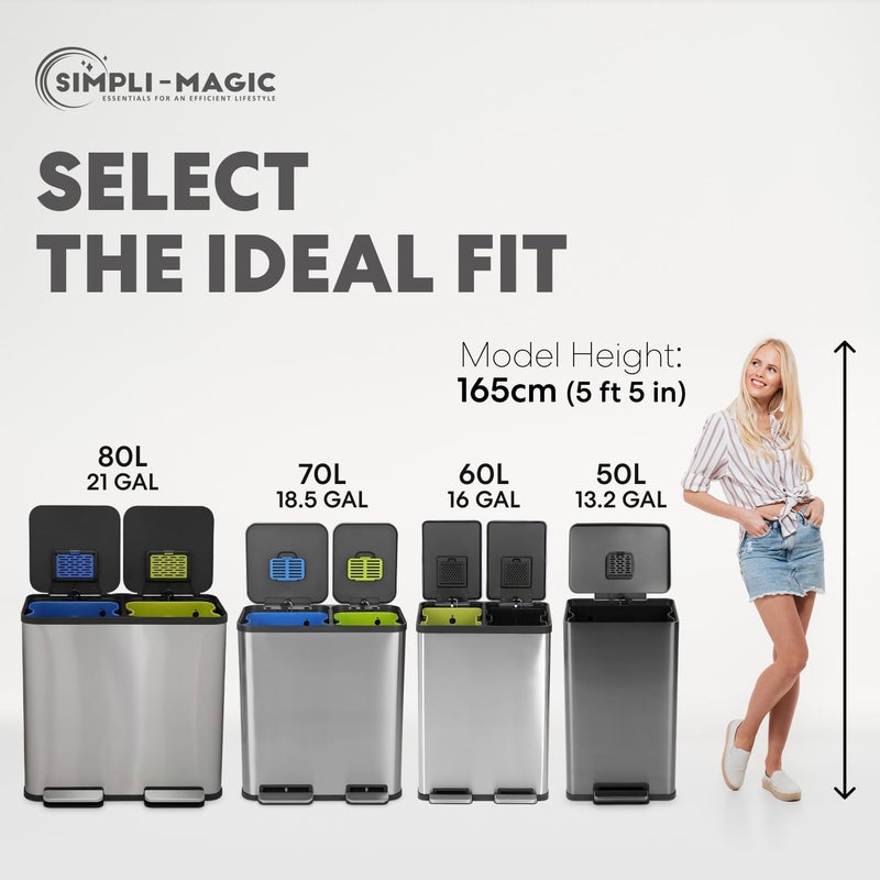 Simpli-Magic 13.2 Gallon (50L) Step Trash Can â€“ Kitchen Garbage Can with Slow-Close Lid â€“ Odor Control, Hands-Free, Easy to Clean, Brushed Stainless Steel - Image 3