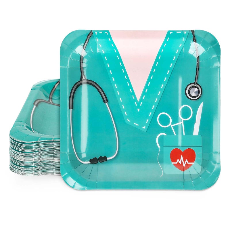 Whaline 40Pcs Nurse Graduation Paper Square Plates Green Doctor Uniform Stethoscope Pattern Disposable Plates Decorative Tableware for Doctors Day Medical School Grad Party Supplies 9 Inch