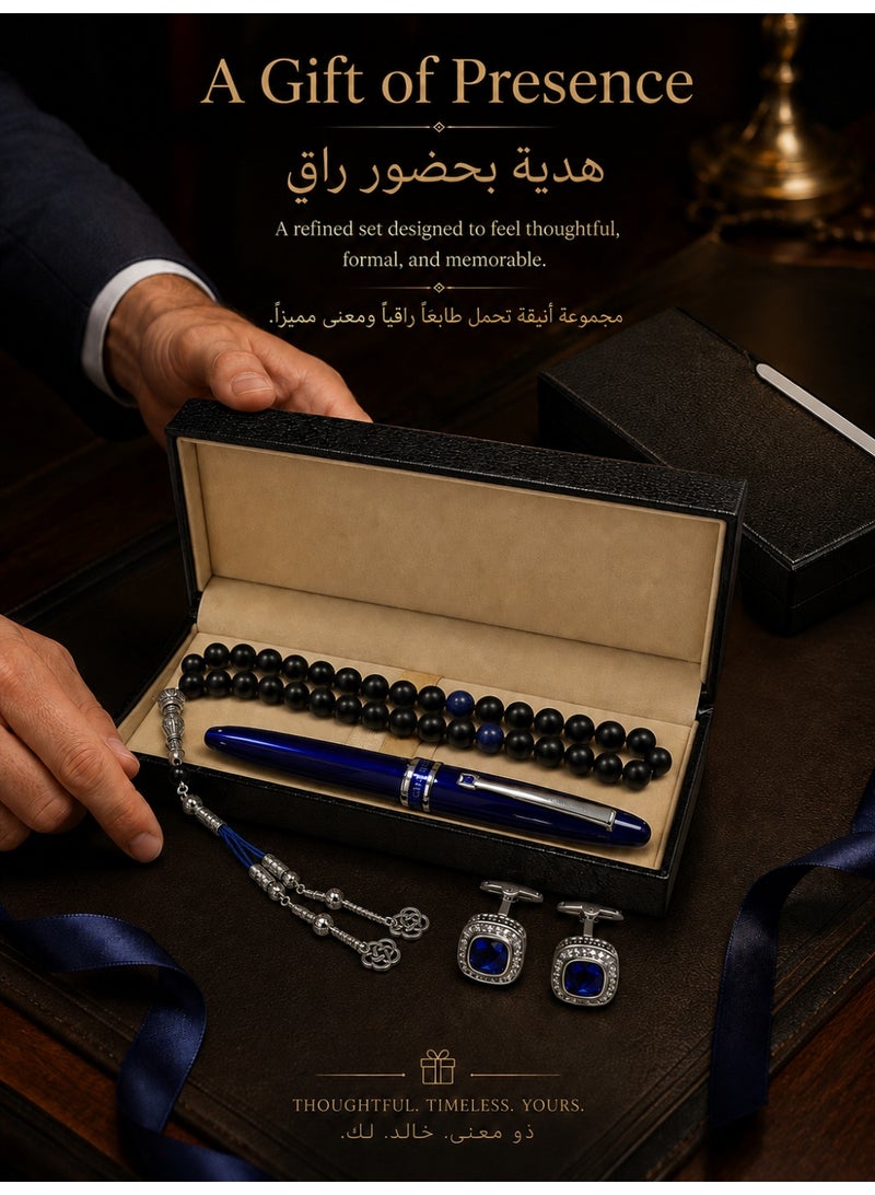 فوريكاسا فيوريكاسا طقم هدية رجالي مع مسبحة عقيق أسود طبيعي مطفي 33 خرزة 10 مم، قلم حبر أزرق ملكي، أزرار أكمام زرقاء وعلبة هدايا سوداء فاخرة - Image 5