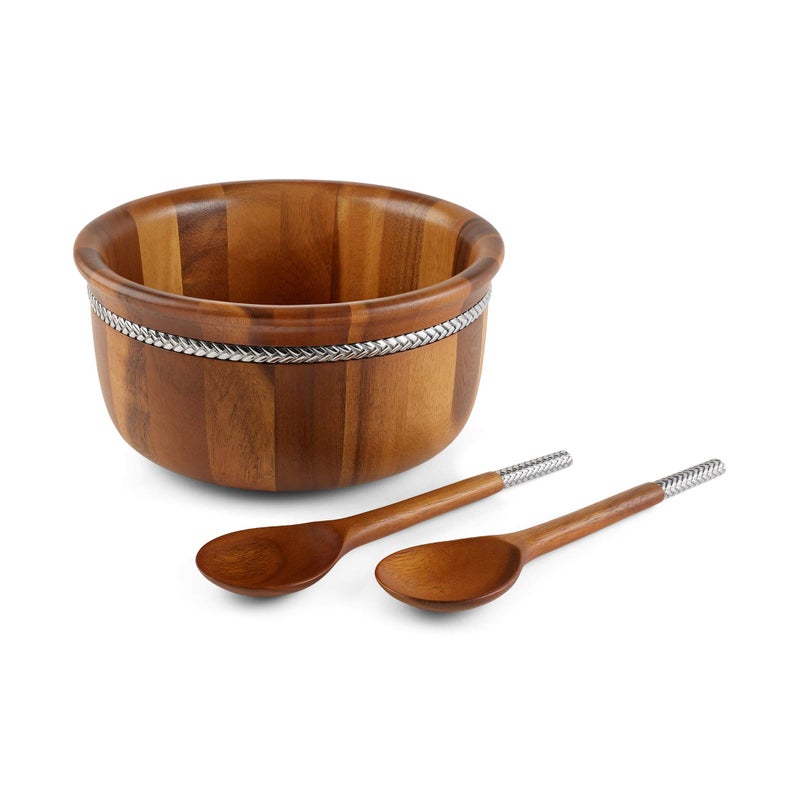 nambe Braid Round Wooden Salad Bowl 3 Piece Set  11Inch Salad Bowl with Serving Utensils  Acacia Wood and Chrome Plate Salad Servers and Fruit Bowl  Housewarming Gift  Designed by Sean OHara