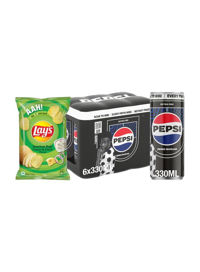 Pepsi Lay's American Style Cream And Onion Chips Indian Import 80grams + Pepsi Carbonated Soft Drink Zero Calories And No Sugar Cans 330ml Pack of 6