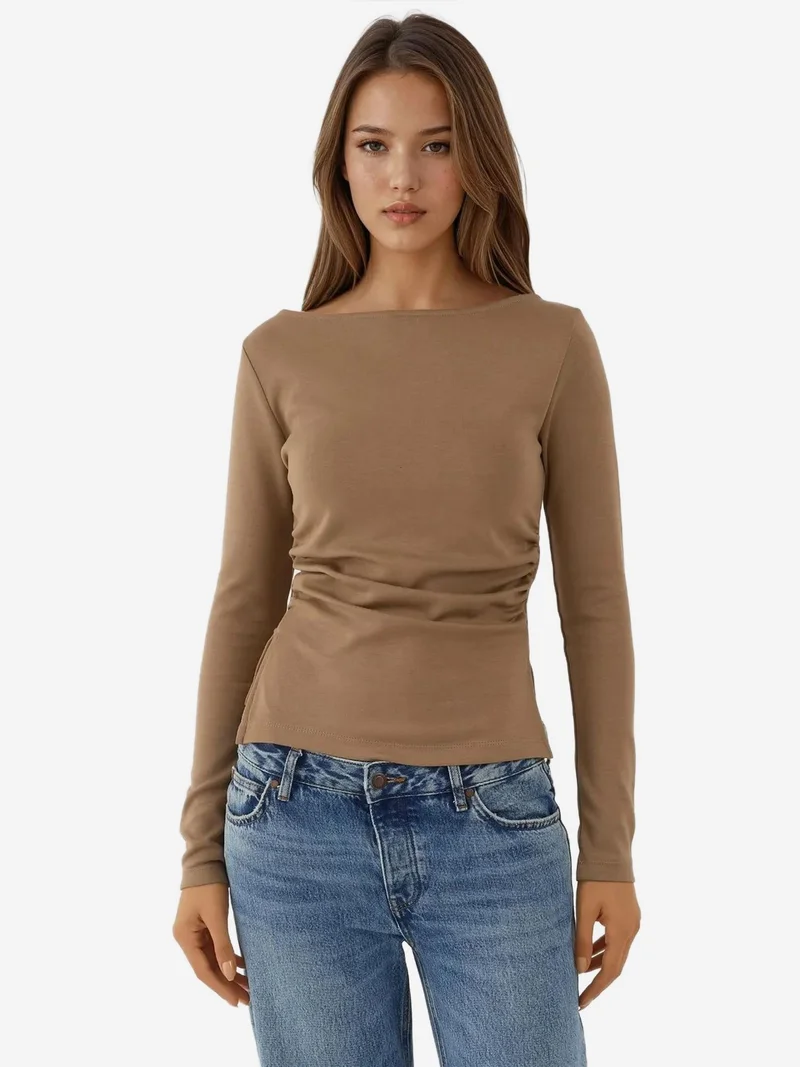 HICCUP Natural Ruched Long Sleeve Top for Women | Best Price UAE