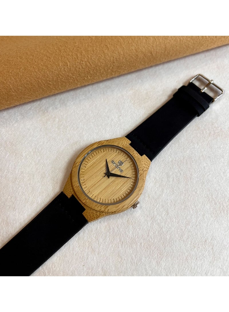 STONE Men's Genuine Leather Belt Wooden Watch - Image 1