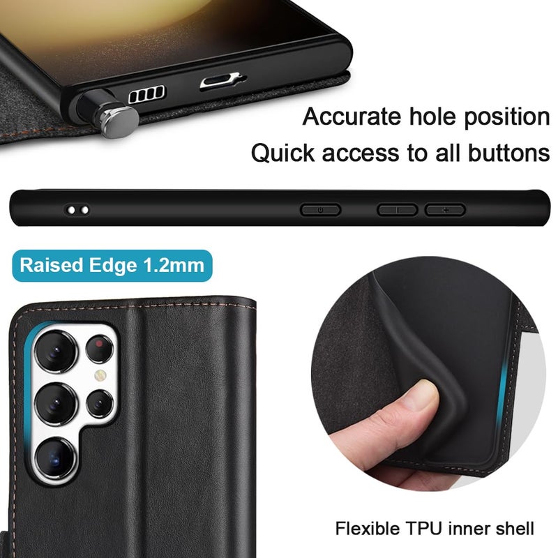 KEZiHOME for Samsung Galaxy S24 Ultra Case, Genuine Leather [RFID Blocking] Galaxy S24 Ultra Wallet Case, Card Slot Kickstand Protective Phone Cover Compatible with Samsung S24 Ultra (Black/Brown) - Image 4