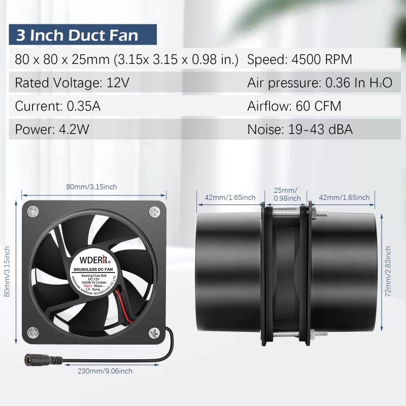 WDERAIR 80mm x 25mm 3 Inch Duct Household Ventilation 12V Exhaust Fan with Speed Controller for DIY Greenhouse 3D Print Smoke Paint Fume Extractor-D8025 - Image 5