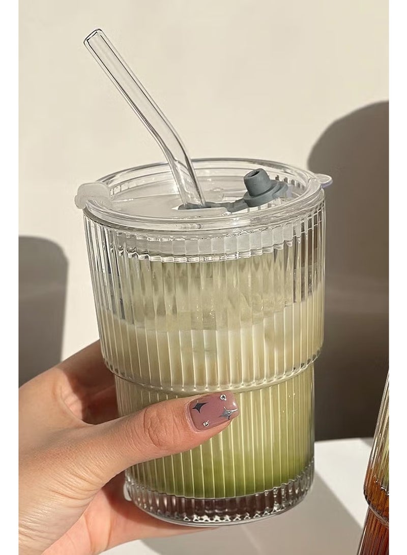 1Pack Coffee Cups Simple Vertical Stripes Water Glasses with Lids and Straws - Image 1