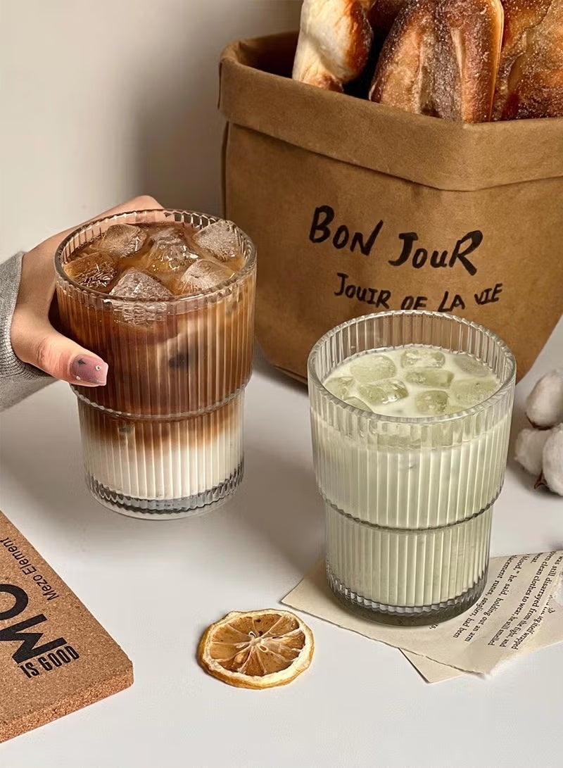 1Pack Coffee Cups Simple Vertical Stripes Water Glasses with Lids and Straws - Image 3