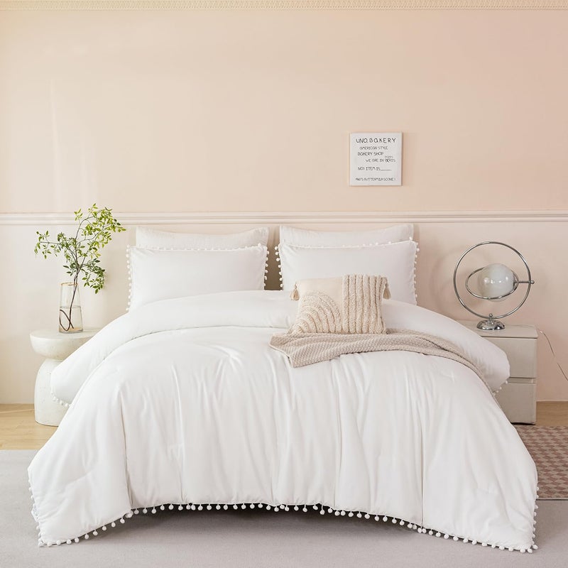 PERFEMET 5 Pcs Ivory Comforter Sets Full Size Pom Pom Fringe Solid Bedding Set with Sheets Soft Lightweight White Kids Bed in A Bag for Girls Boys(Ivory, Full) - Image 2