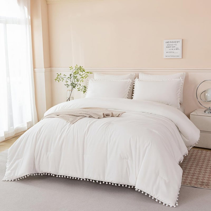 PERFEMET 5 Pcs Ivory Comforter Sets Full Size Pom Pom Fringe Solid Bedding Set with Sheets Soft Lightweight White Kids Bed in A Bag for Girls Boys(Ivory, Full) - Image 1