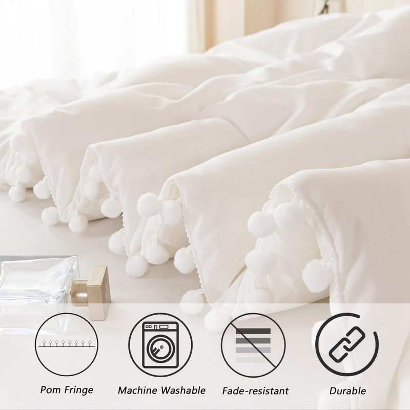 PERFEMET 5 Pcs Ivory Comforter Sets Full Size Pom Pom Fringe Solid Bedding Set with Sheets Soft Lightweight White Kids Bed in A Bag for Girls Boys(Ivory, Full) - Image 4