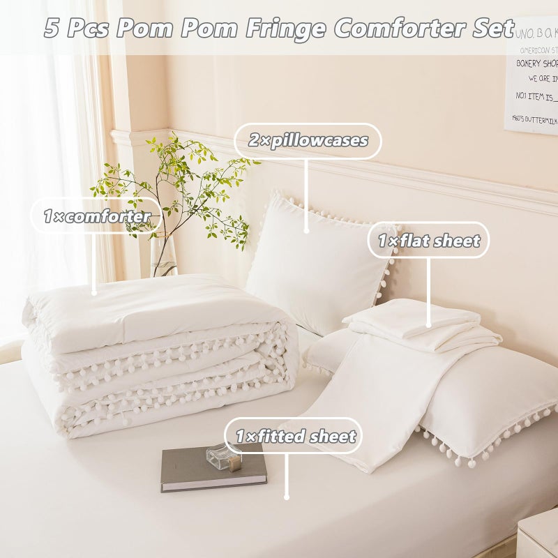 PERFEMET 5 Pcs Ivory Comforter Sets Full Size Pom Pom Fringe Solid Bedding Set with Sheets Soft Lightweight White Kids Bed in A Bag for Girls Boys(Ivory, Full) - Image 3