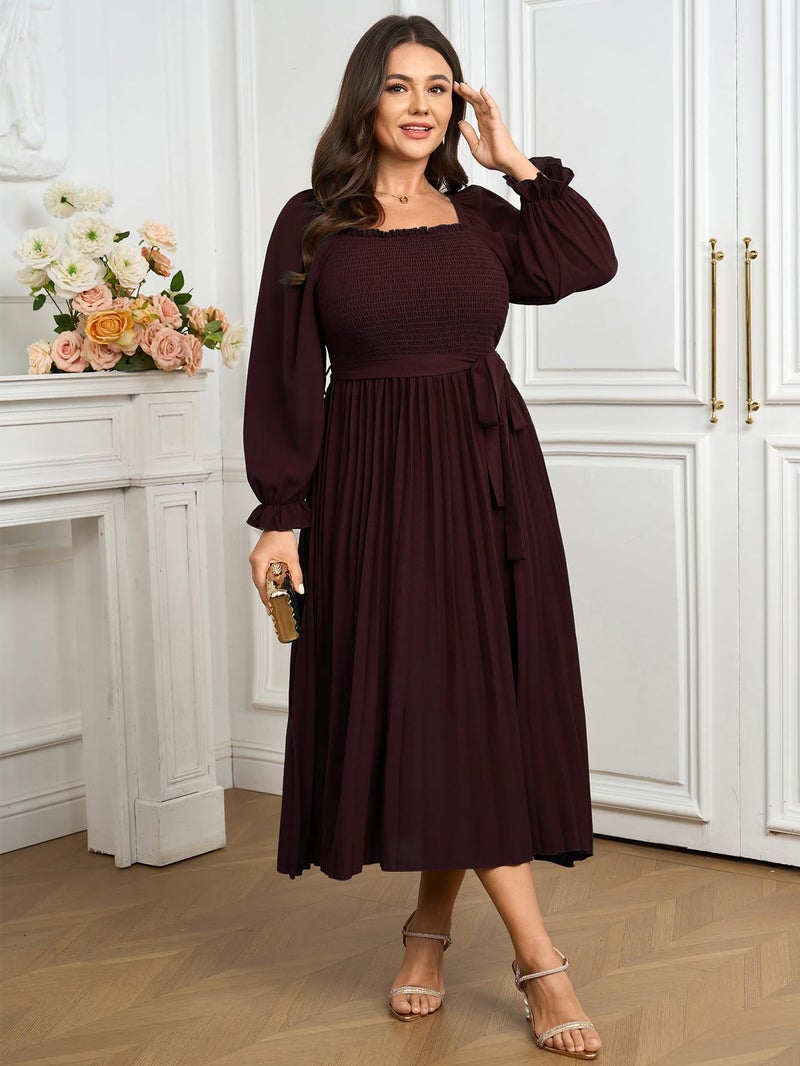 SHESTARR Women's Plus Size Dress Long Sleeve Smocked Square Neck Ruffle Pleated Flowy Wedding Guest Maxi Fall Dress Burgundy - Image 2