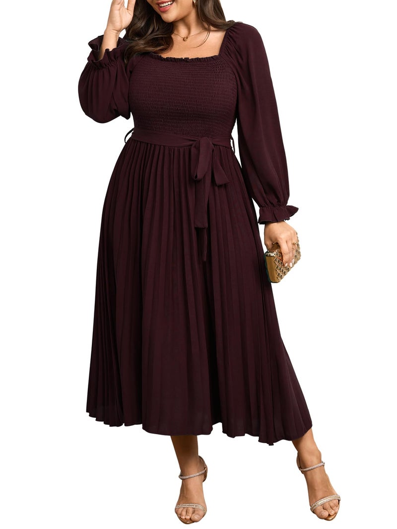 SHESTARR Women's Plus Size Dress Long Sleeve Smocked Square Neck Ruffle Pleated Flowy Wedding Guest Maxi Fall Dress Burgundy - Image 1