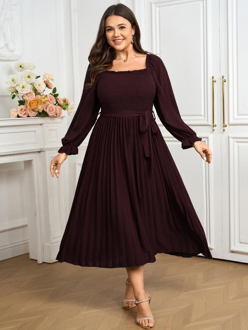 SHESTARR Women's Plus Size Dress Long Sleeve Smocked Square Neck Ruffle Pleated Flowy Wedding Guest Maxi Fall Dress Burgundy - Image 4