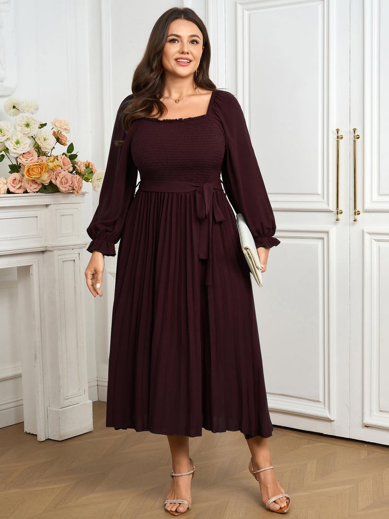 SHESTARR Women's Plus Size Dress Long Sleeve Smocked Square Neck Ruffle Pleated Flowy Wedding Guest Maxi Fall Dress Burgundy - Image 3