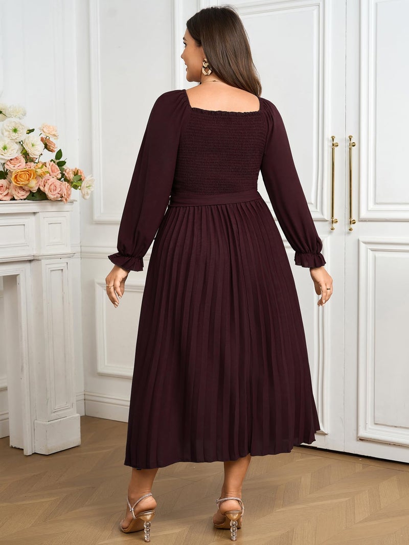 SHESTARR Women's Plus Size Dress Long Sleeve Smocked Square Neck Ruffle Pleated Flowy Wedding Guest Maxi Fall Dress Burgundy - Image 5