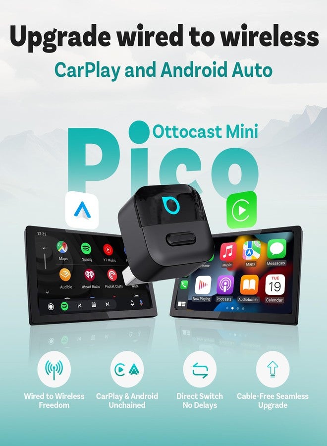 أوتوكاست محول OTTOCAST Mini Pico، إصدار 2026 المُطوّر، ثنائي الوظائف لاسلكيًا يدعم CarPlay وAndroid Auto، مزود بتقنية WiFi 6 وBluetooth 5.4، مع خاصية إعادة الاتصال التلقائي، سهل الاستخدام (التوصيل والتشغيل). - Image 2