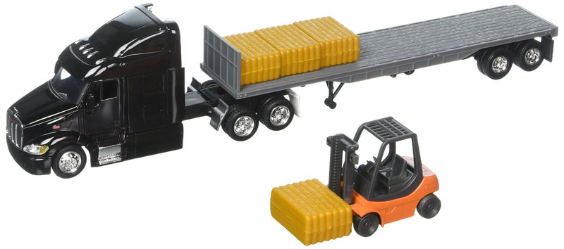 NewRay 143 Long Haul Trucker Peterbilt Model 387 Low Boy with Forklift and Hay Bales Multi - Image 2
