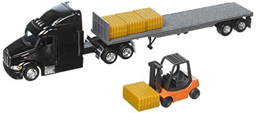NewRay 143 Long Haul Trucker Peterbilt Model 387 Low Boy with Forklift and Hay Bales Multi - Image 1