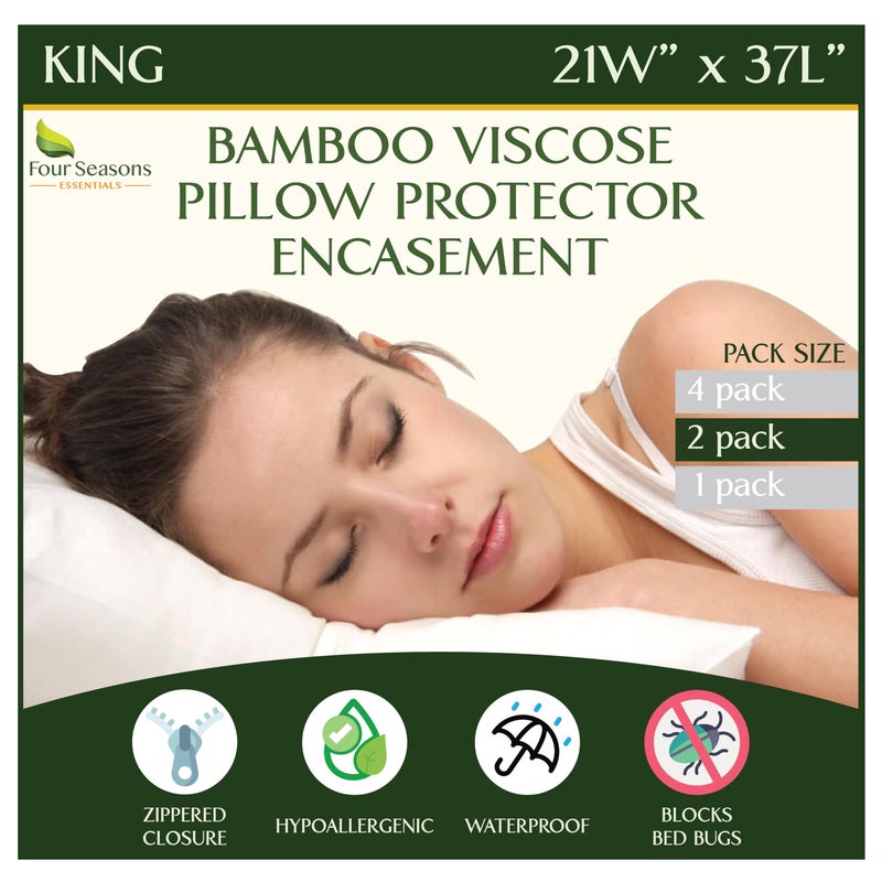 Four Seasons Essentials King Size Waterproof Pillow Protectors (Set of 2) - Natural Viscose derived from Bamboo Pillow Covers - Hypoallergenic Dust Proof Zippered Encasements for 20" x 36" Pillows - Image 1