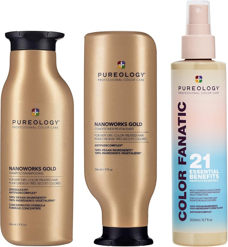 Pureology Nanoworks Gold Shampoo and Conditioner 266ml and Color Fanatic MultiTasking LeaveIn Spray 200ml Trio Bundle Revive Tired Dull Color Treated Hair Vegan