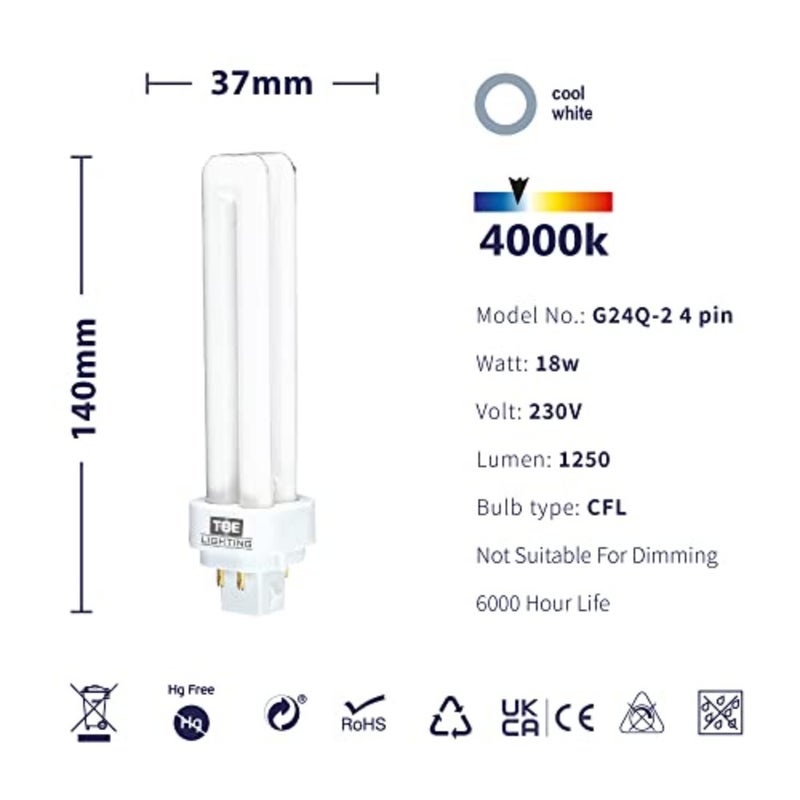 18w G24Q-2 4-Pin CFL Lamp - Pack of 4 Units - Cool White 4000K, 1250 Lumen/Double Turn CFL Compact Fluorescent Light - Image 2