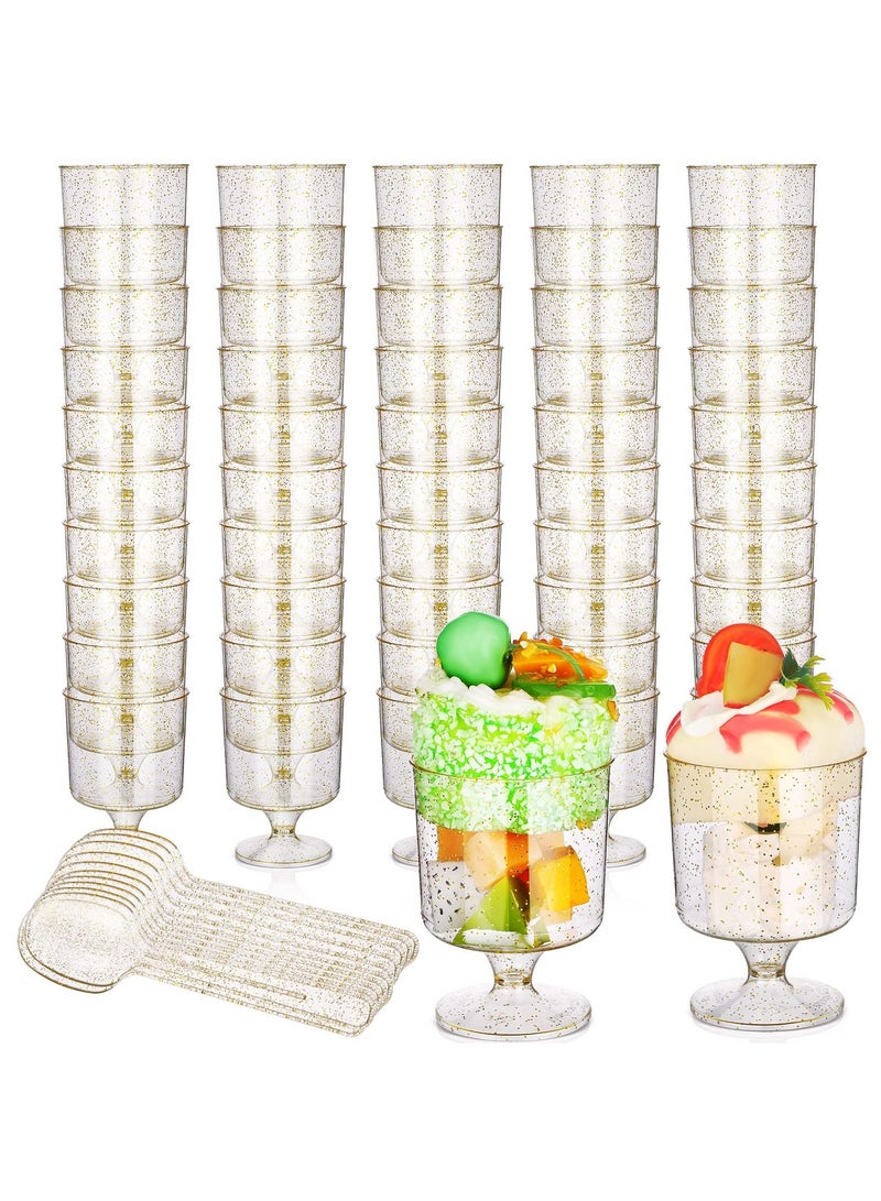 SYOSI 50 Pcs 6 oz Dessert Cups with 50 Pcs Spoon Disposable Gold Glitter Plastic Cups Plastic Goblets Tasting Spoon Goblet Glasses Ice Cream Bowls for Wedding Party  - Image 1