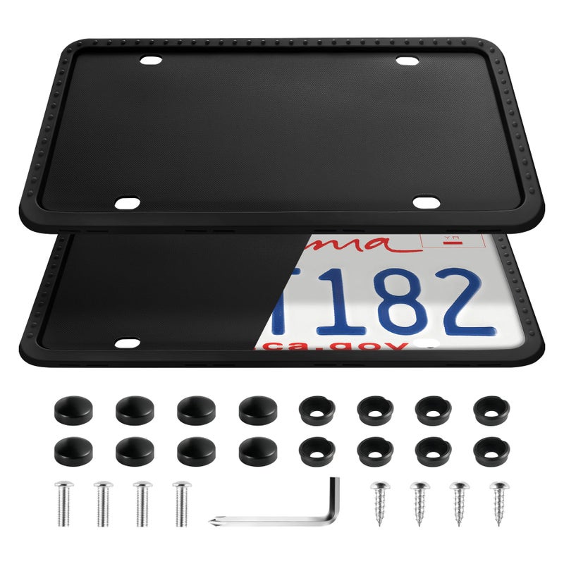 LivTee Silicone License Plate Frames Covers 2 Pack Universal American Car Accessories License Plate Bracket Holder with Bolts Washer Caps RustProof RattleProof WeatherProof Black