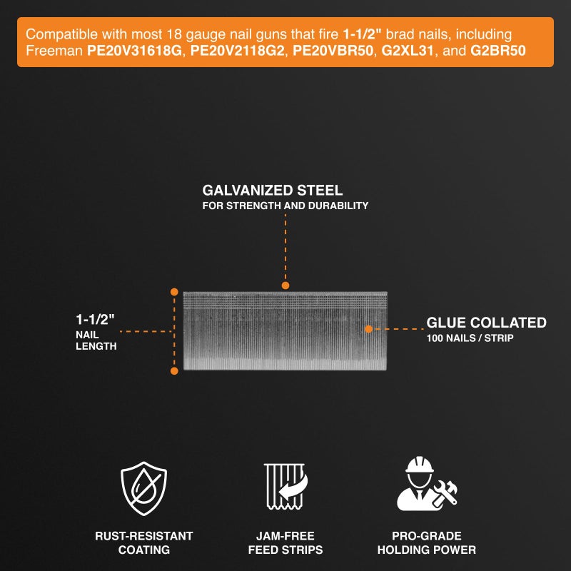 Freeman 18-Gauge 1-1/2" Glue Collated Galvanized Brad Nails â€“ 1,000 Count â€“ For Trim, Moulding, and Baseboards â€“ Compatible with 18 GA Brad Nailers - Image 4