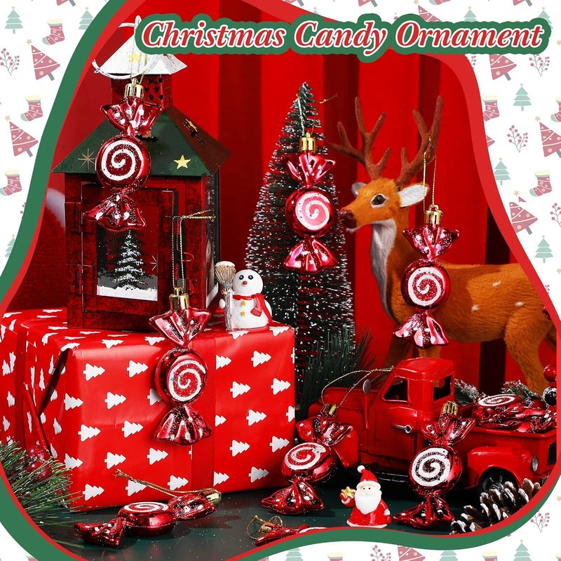 Threan 12 Pieces Red Christmas Candy Ornaments with Glitter for Tree Decoration - Image 3