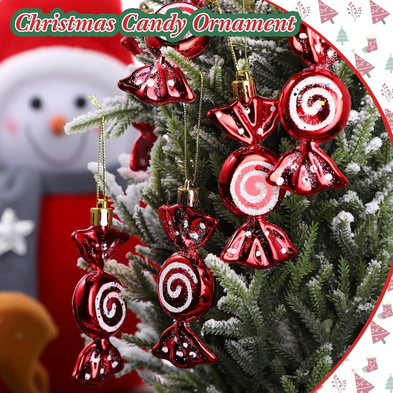 Threan 12 Pieces Red Christmas Candy Ornaments with Glitter for Tree Decoration - Image 5