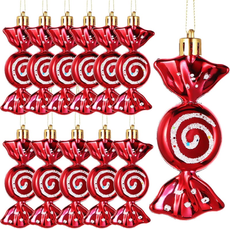 Threan 12 Pieces Red Christmas Candy Ornaments with Glitter for Tree Decoration - Image 1