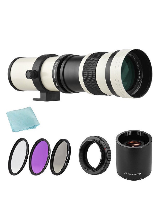 Generic Camera MF Super Telephoto Zoom Lens F/8.3-16 420-800mm T Mount + UV/CPL/FLD Filters Set +2X 420-800mm Teleconverter Lens + T2-EOS Adapter Ring Replacement  - Image 1