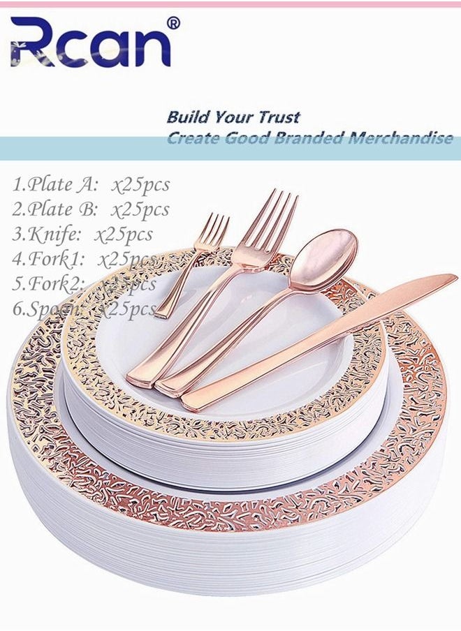Rcan 150 Pcs Set Rose Gold Upscale Wedding Dining Party Disposable Plastic Hollow Carved Cutlery Set, Party Supplies Plate, Spoon, Fork, Knife, Party Tableware (25 Guest)  - Image 1