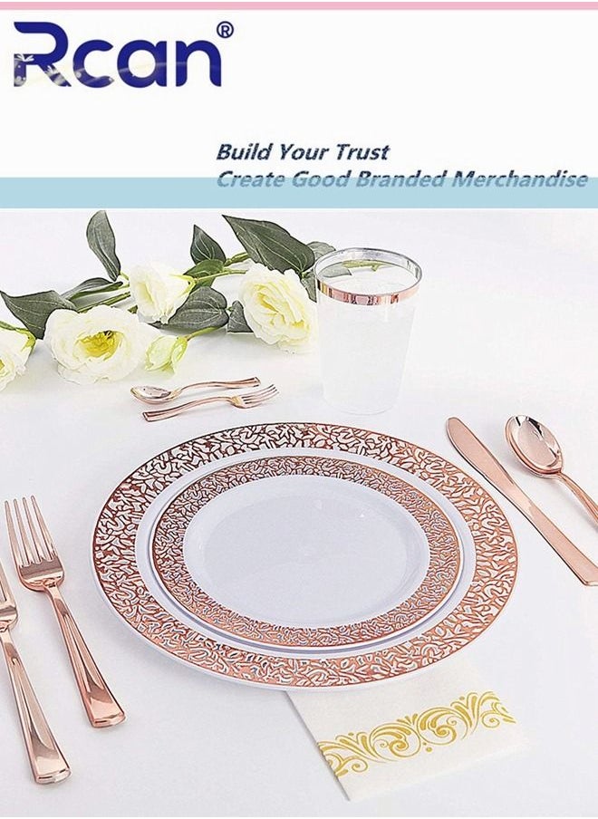 Rcan 150 Pcs Set Rose Gold Upscale Wedding Dining Party Disposable Plastic Hollow Carved Cutlery Set, Party Supplies Plate, Spoon, Fork, Knife, Party Tableware (25 Guest)  - Image 2