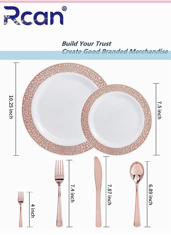 Rcan 150 Pcs Set Rose Gold Upscale Wedding Dining Party Disposable Plastic Hollow Carved Cutlery Set, Party Supplies Plate, Spoon, Fork, Knife, Party Tableware (25 Guest)  - Image 3