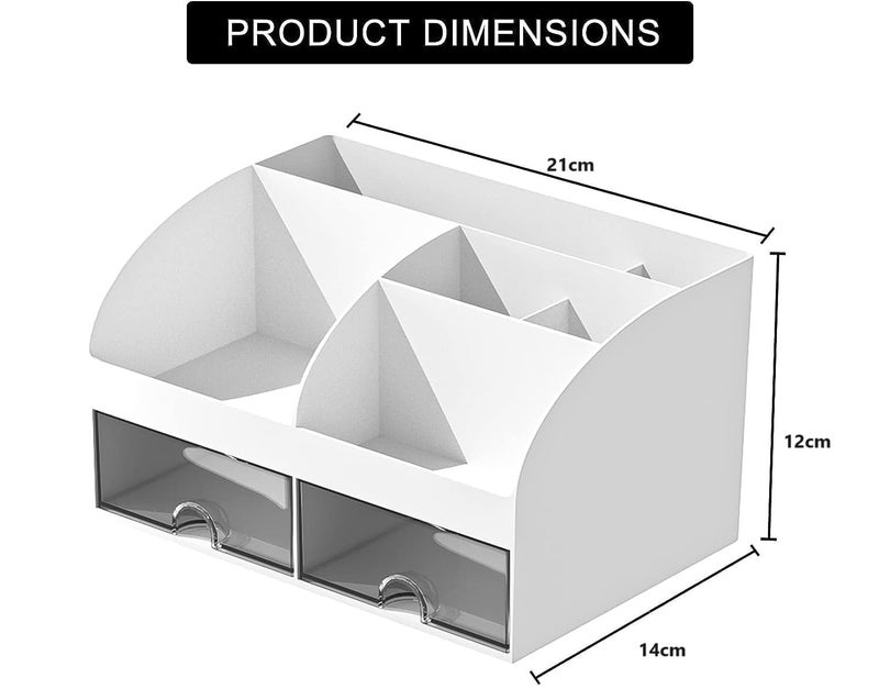 Topinon Multifunctional Desk Organiser with 6 Compartments & 2 Drawer Desktop Office Supplies Stationery Storage Box for Pens Staplers Clips Sticky Notes Mobile Holder (White) - Image 3