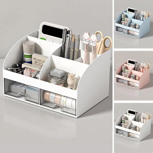 Topinon Multifunctional Desk Organiser with 6 Compartments & 2 Drawer Desktop Office Supplies Stationery Storage Box for Pens Staplers Clips Sticky Notes Mobile Holder (White) - Image 4