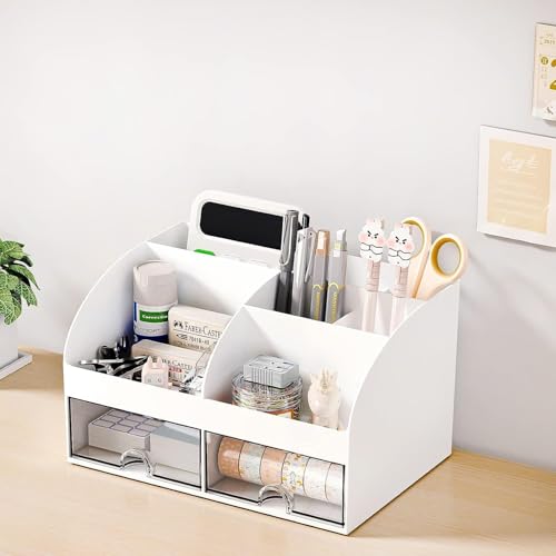 Topinon Multifunctional Desk Organiser with 6 Compartments & 2 Drawer Desktop Office Supplies Stationery Storage Box for Pens Staplers Clips Sticky Notes Mobile Holder (White) - Image 2