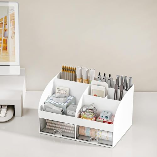 Topinon Multifunctional Desk Organiser with 6 Compartments & 2 Drawer Desktop Office Supplies Stationery Storage Box for Pens Staplers Clips Sticky Notes Mobile Holder (White) - Image 5