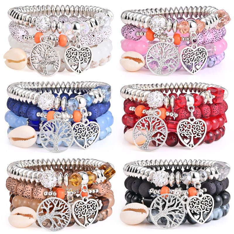 VONRU Bohemian Bracelet Sets for Women - 6 Sets Stackable Stretch Bracelets Multi-color Boho Jewelry for Women Hippie Bracelets Dainty Jewelry (Tree of Life Bead Bracelets) - Image 1