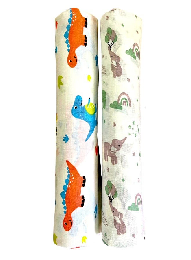 TEETAR Muslin Cotton Baby Swaddle Wraps - Pack of 2, Large 100x100 cm | Soft, Breathable & Lightweight Swaddle Blankets for Newborns | Multi-Use Baby Wraps, Elephant & Dinosaur Print - Image 1