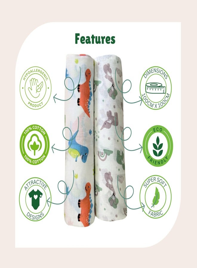 TEETAR Muslin Cotton Baby Swaddle Wraps - Pack of 2, Large 100x100 cm | Soft, Breathable & Lightweight Swaddle Blankets for Newborns | Multi-Use Baby Wraps, Elephant & Dinosaur Print - Image 5