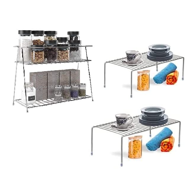 CR18 COLLECTION 3 Pcs Heavy Stainless Steel 2 Layer Storage Rack with Two Expandable Storage Stand for Kitchen 2Tier Shelf Standing Rack Multipurpose Storage Rack Kitchen Accessories Stand - Image 1