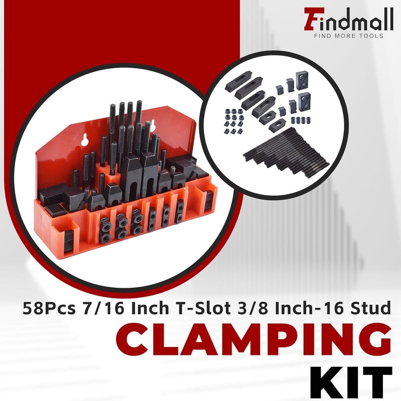 findmall 58 Pcs Pro-Series 7/16" T-Slot 3/8"-16 Stud Clamping Kit Hardened Hold Down Clamping Kit Fit for Bridgeport Mill - Image 3