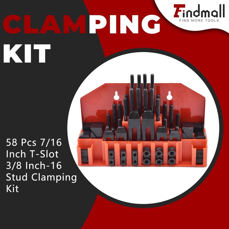 findmall 58 Pcs Pro-Series 7/16" T-Slot 3/8"-16 Stud Clamping Kit Hardened Hold Down Clamping Kit Fit for Bridgeport Mill - Image 2