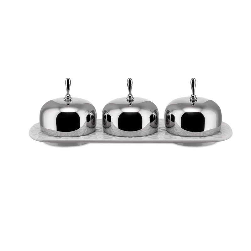 ALESSI Alessi ""Dressed"" Three-Section Jam Tray in Porcelain With Lids in 18/10 Stainless Steel Mirror Polished  White  - Image 1