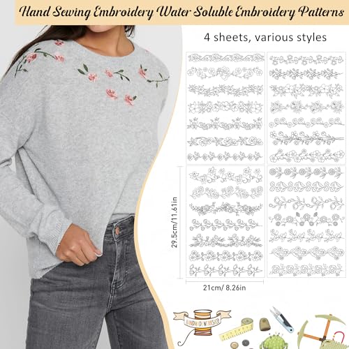 CRASHOT Water Soluble Stabilizer Embroidery Pattern - Flower Border Stick & Stitch Embroidery Paper Wash Away, Running Border Hand Sewing Patterns for Jean Bag T-Shirt (4 Sheets) - Image 2