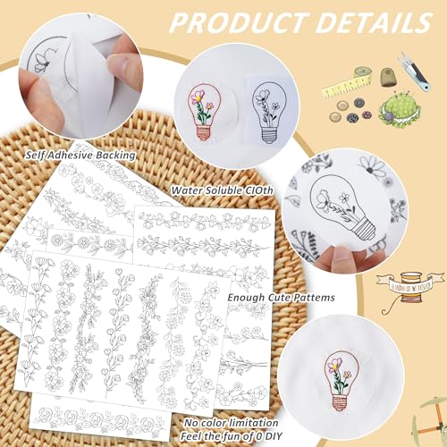CRASHOT Water Soluble Stabilizer Embroidery Pattern - Flower Border Stick & Stitch Embroidery Paper Wash Away, Running Border Hand Sewing Patterns for Jean Bag T-Shirt (4 Sheets) - Image 4