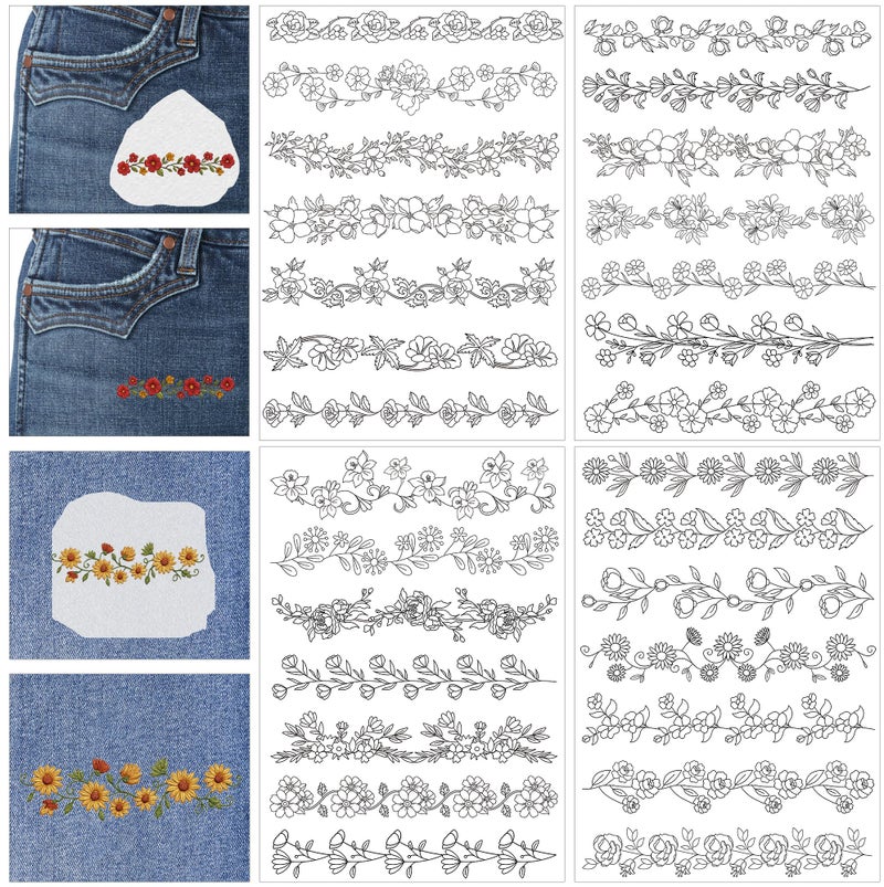 CRASHOT Water Soluble Stabilizer Embroidery Pattern - Flower Border Stick & Stitch Embroidery Paper Wash Away, Running Border Hand Sewing Patterns for Jean Bag T-Shirt (4 Sheets) - Image 1